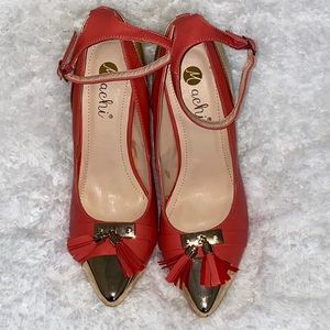 Coral/Gold Tassel Stiletto Pointed Toe Heels